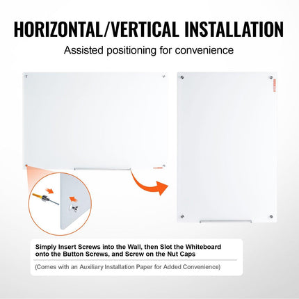 Magnetic Glass Whiteboard, Dry Erase Board 48"x32", Wall-Mounted Large White Glassboard Frameless, with Marker Tray, an Eraser and 2 Markers, White.