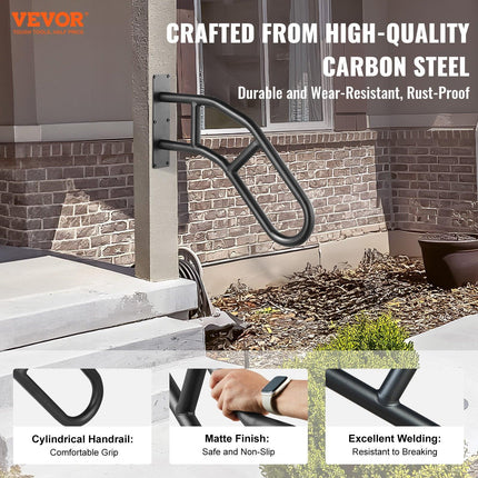Handrails for Outdoor Steps, 29" Length Wall Mount Safety Railings for 1-3 Steps, U-Shaped Handrail with Matte Black Finished, Stair Handrails for Kids, Elderly, Pregnant Women, Disabled.