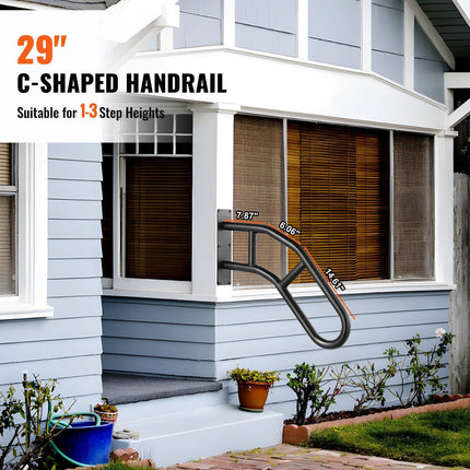 Handrails for Outdoor Steps, 29" Length Wall Mount Safety Railings for 1-3 Steps, U-Shaped Handrail with Matte Black Finished, Stair Handrails for Kids, Elderly, Pregnant Women, Disabled.