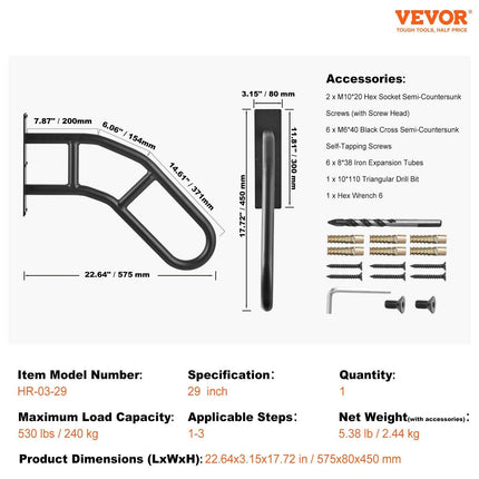 Handrails for Outdoor Steps, 29" Length Wall Mount Safety Railings for 1-3 Steps, U-Shaped Handrail with Matte Black Finished, Stair Handrails for Kids, Elderly, Pregnant Women, Disabled.