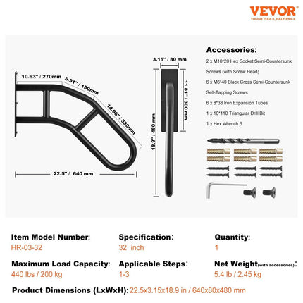 Handrails for Outdoor Steps, 32" Length Wall Mount Safety Railings for 1-3 Steps, U-Shaped Handrail with Matte Black Finished, Stair Handrails for Kids, Elderly, Pregnant Women, Disabled.