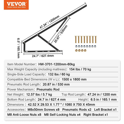 Bed Lift 59x71 in Compatible Bed Size 154 lbs Load DIY Wall Bed Hardware.