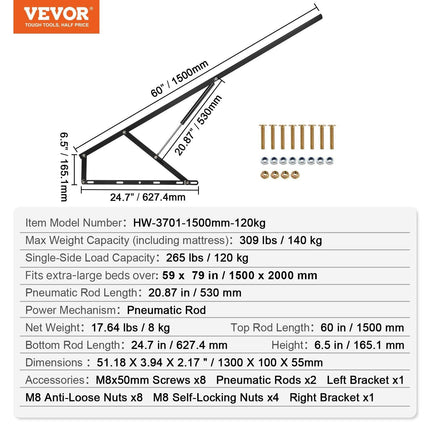 Bed Lift, 1500x2000mm Compatible Extra-large Size 140kg Load Bearing, DIY Wall Bed Mechanical Hardware Kit Vertical Deluxe, Pneumatic Lever Heavy Duty Support, Folding for Guestroom.
