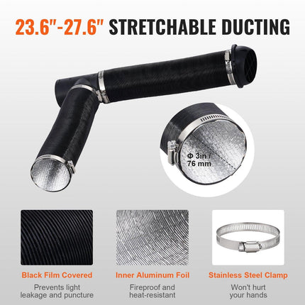 Diesel Heater Pipe Ducting Set, 3" Extendable Air Duct Hose, 1" Stainless Steel Exhaust Pipe, 2 Air Vents, Tee Air Outlet Connector and Hose Clamps, for 2KW/5KW/8KW Diesel Parking Heaters.