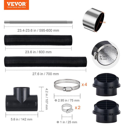 Diesel Heater Pipe Ducting Set, 3" Extendable Air Duct Hose, 1" Stainless Steel Exhaust Pipe, 2 Air Vents, Tee Air Outlet Connector and Hose Clamps, for 2KW/5KW/8KW Diesel Parking Heaters.