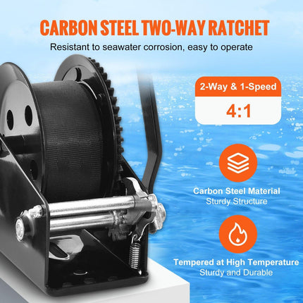 Hand Winch, 725.7 kg Pulling Capacity, Boat Trailer Winch Heavy Duty Rope Crank with 10 m Polyester Strap and Two-Way Ratchet, Manual Operated Hand Crank Winch for Trailer, Boat or ATV Towing.