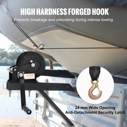 Hand Winch, 725.7 kg Pulling Capacity, Boat Trailer Winch Heavy Duty Rope Crank with 10 m Polyester Strap and Two-Way Ratchet, Manual Operated Hand Crank Winch for Trailer, Boat or ATV Towing.