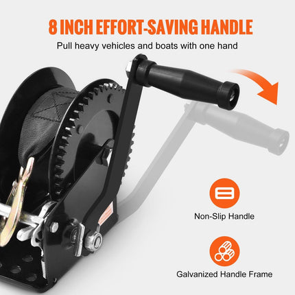 Hand Winch, 725.7 kg Pulling Capacity, Boat Trailer Winch Heavy Duty Rope Crank with 10 m Polyester Strap and Two-Way Ratchet, Manual Operated Hand Crank Winch for Trailer, Boat or ATV Towing.