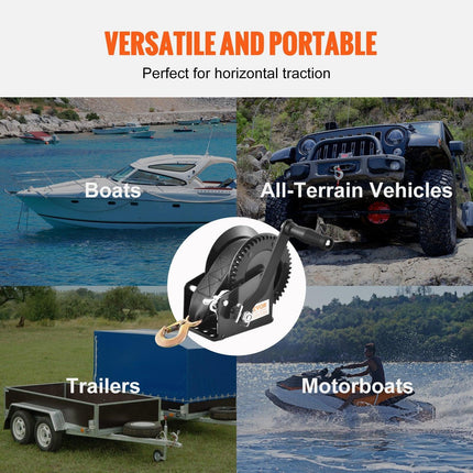 Hand Winch, 725.7 kg Pulling Capacity, Boat Trailer Winch Heavy Duty Rope Crank with 10 m Polyester Strap and Two-Way Ratchet, Manual Operated Hand Crank Winch for Trailer, Boat or ATV Towing.