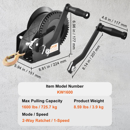 Hand Winch, 725.7 kg Pulling Capacity, Boat Trailer Winch Heavy Duty Rope Crank with 10 m Polyester Strap and Two-Way Ratchet, Manual Operated Hand Crank Winch for Trailer, Boat or ATV Towing.