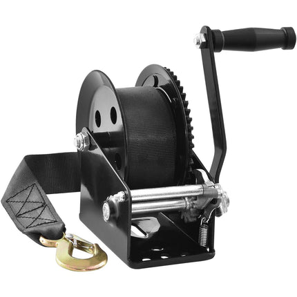 Hand Winch, 725.7 kg Pulling Capacity, Boat Trailer Winch Heavy Duty Rope Crank with 10 m Polyester Strap and Two-Way Ratchet, Manual Operated Hand Crank Winch for Trailer, Boat or ATV Towing.