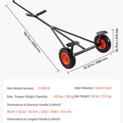 420lbs Boat Trailer Dolly Mover Adjustable Length with 15.7 in Pneumatic Tires.