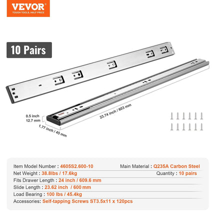10 Pairs of 609.6mm Drawer Slides Side Mount Rails, Heavy Duty Full Extension Steel Track, Soft-Close Noiseless Guide Glides Cabinet Kitchen Runners with Ball Bearing, 100 Lbs Load Capacity.