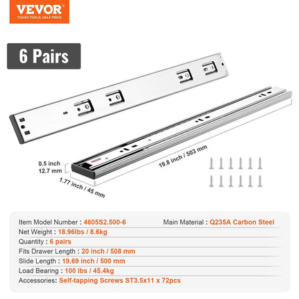 6 Pairs of 508mm Drawer Slides Side Mount Rails, Heavy Duty Full Extension Steel Track, Soft-Close Noiseless Guide Glides Cabinet Kitchen Runners with Ball Bearing, 100 Lbs Load Capacity.