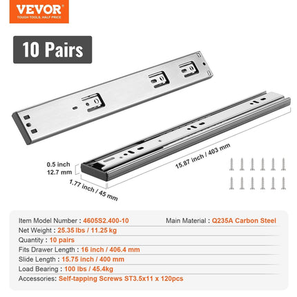 10 Pairs of 406.4mm Drawer Slides Side Mount Rails, Heavy Duty Full Extension Steel Track, Soft-Close Noiseless Guide Glides Cabinet Kitchen Runners with Ball Bearing, 100 Lbs Load Capacity.