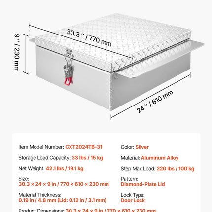 Truck Bed Tool Box, Heavy Duty Aluminum Tool Box with Diamond Plate, Storage Toolbox Chest Organizer Supports up to 100 kg, Ideal for Pickup, Truck Bed, RV, Trailer, 770 x 610 x 230 mm, Silver.