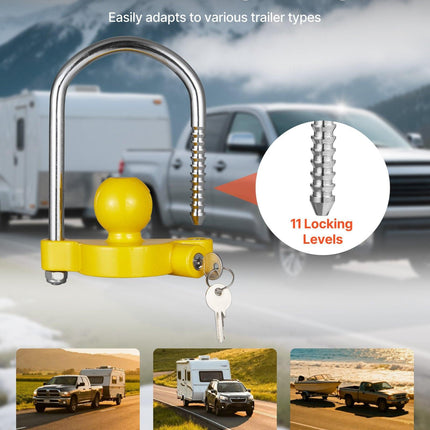 Trailer Hitch Lock Kit, Fits for 46 mm, 50.8 mm, 58.7 mm Couplers, Heavy-Duty Anti-Theft Trailer Ball Lock with Keys, Prying-Resistant, Adjustable Height Design for RVs, Boats, Trailers.