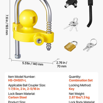 Trailer Hitch Lock Kit, Fits for 46 mm, 50.8 mm, 58.7 mm Couplers, Heavy-Duty Anti-Theft Trailer Ball Lock with Keys, Prying-Resistant, Adjustable Height Design for RVs, Boats, Trailers.