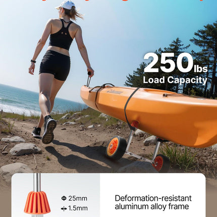 Kayak Cart, 113.4 kg Load Capacity, Canoe Cart Dolly with 19.1 cm Solid Rubber Tires & Kickstand, Assembles & Disassembles Within Seconds, Paddle Board Trolley for Kayaks, Canoes, Paddleboards.