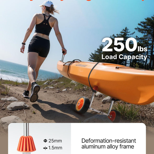 Kayak Cart, 113.4 kg Load Capacity, Canoe Cart Dolly with 19.1 cm Solid Rubber Tires & Kickstand, Assembles & Disassembles Within Seconds, Paddle Board Trolley for Kayaks, Canoes, Paddleboards.