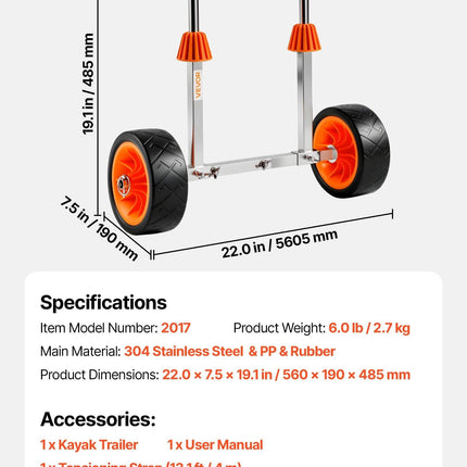 Kayak Cart, 113.4 kg Load Capacity, Canoe Cart Dolly with 19.1 cm Solid Rubber Tires & Kickstand, Assembles & Disassembles Within Seconds, Paddle Board Trolley for Kayaks, Canoes, Paddleboards.