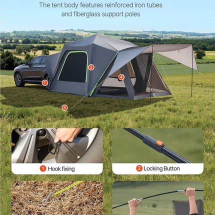 SUV Tent for Camping, 10FT L x 10FT W, Waterproof PU2000mm Spacious Double Layer Design for 5-8 Person, SUV Camping Tent with Shade Awning and Mesh Windows, Includes Rainfly and Storage Bag.