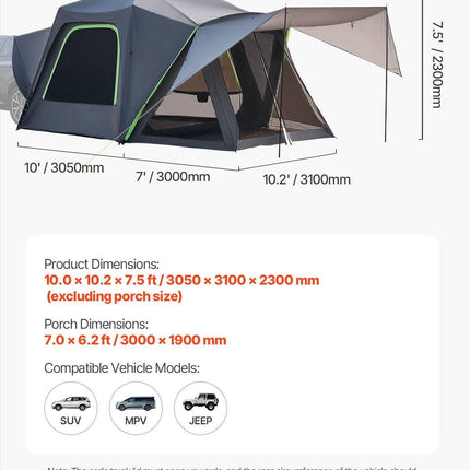 SUV Tent for Camping, 10FT L x 10FT W, Waterproof PU2000mm Spacious Double Layer Design for 5-8 Person, SUV Camping Tent with Shade Awning and Mesh Windows, Includes Rainfly and Storage Bag.