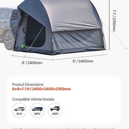 SUV Tent for Camping, 8FT L x 8FT W, Waterproof PU2000mm Spacious Double Layer Design for 5-8 Person, SUV Camping Tent with Mesh Windows, Includes Rainfly & Storage Bag, for Outdoor Activities.