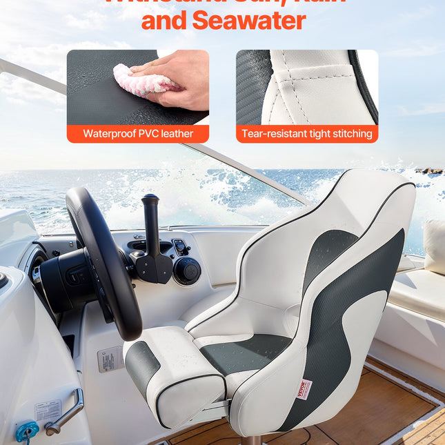 Boat Seat, High Backrest, Flip Up Boat Seat Captain Bucket Seat with Thickened Sponge Cushion & Waterproof PVC Leather, Ergonomic Design, Folding Boat Seat for Boats, Yachts, Ships, White & Grey.