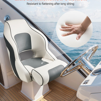 Boat Seat, High Backrest, Flip Up Boat Seat Captain Bucket Seat with Thickened Sponge Cushion & Waterproof PVC Leather, Ergonomic Design, Folding Boat Seat for Boats, Yachts, Ships, White & Grey.