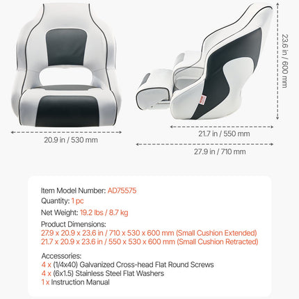 Boat Seat, High Backrest, Flip Up Boat Seat Captain Bucket Seat with Thickened Sponge Cushion & Waterproof PVC Leather, Ergonomic Design, Folding Boat Seat for Boats, Yachts, Ships, White & Grey.