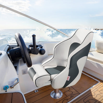 Boat Seat, High Backrest, Flip Up Boat Seat Captain Bucket Seat with Thickened Sponge Cushion & Waterproof PVC Leather, Ergonomic Design, Folding Boat Seat for Boats, Yachts, Ships, White & Grey.