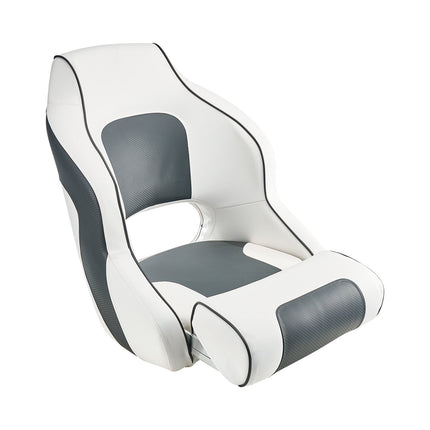 Boat Seat, High Backrest, Flip Up Boat Seat Captain Bucket Seat with Thickened Sponge Cushion & Waterproof PVC Leather, Ergonomic Design, Folding Boat Seat for Boats, Yachts, Ships, White & Grey.