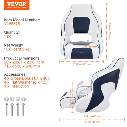 Captain Bucket Seat Boat Seat, Flip Up Boat Seat, with Thickened Sponge Padding, Flip-up Bolster Boat Captain Chair for Fishing Boat, Sightseeing Boat, Speedboat, Canoe, 1-Piece.