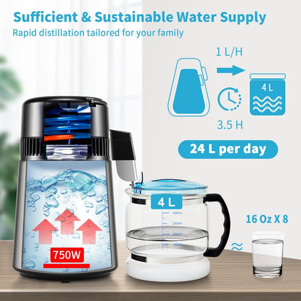 4L Water Distiller 1L/H Distilled Water Maker Timing & Temp Display Silver.