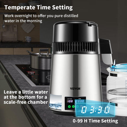 4L Water Distiller 1L/H Distilled Water Maker Timing & Temp Display Silver.
