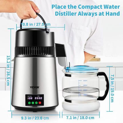 4L Water Distiller 1L/H Distilled Water Maker Timing & Temp Display Silver.