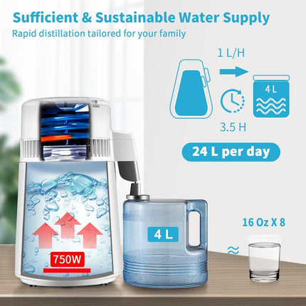 4L Water Distiller 1L/H Distilled Water Maker Timing & Temp Display White.