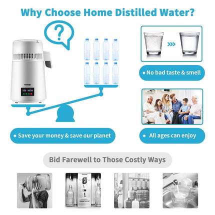 4L Water Distiller 1L/H Distilled Water Maker Timing & Temp Display White.