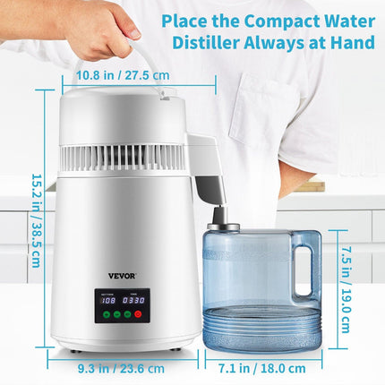 4L Water Distiller 1L/H Distilled Water Maker Timing & Temp Display White.