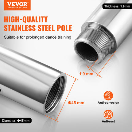 Professional Dancing Pole, Spinning Static Dancing Pole Kit, Portable Removable Pole, 45mm Heavy-Duty Stainless Steel Pole, Height Adjustable Fitness Pole, for Exercise Home Club Gym, Silver.