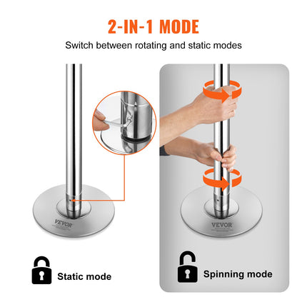 Professional Dancing Pole, Spinning Static Dancing Pole Kit, Portable Removable Pole, 45mm Heavy-Duty Stainless Steel Pole, Height Adjustable Fitness Pole, for Exercise Home Club Gym, Silver.