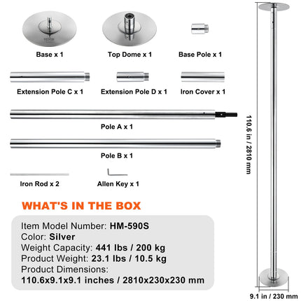 Professional Dancing Pole, Spinning Static Dancing Pole Kit, Portable Removable Pole, 45mm Heavy-Duty Stainless Steel Pole, Height Adjustable Fitness Pole, for Exercise Home Club Gym, Silver.