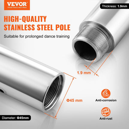 Professional Dancing Pole, Spinning Static Dancing Pole Kit, Portable Removable Pole, 45mm Heavy-Duty Stainless Steel Pole, Height Adjustable Fitness Pole, for Exercise Home Club Gym, Silver.