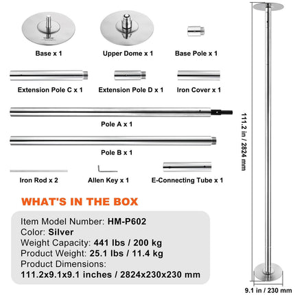 Professional Dancing Pole, Spinning Static Dancing Pole Kit, Portable Removable Pole, 45mm Heavy-Duty Stainless Steel Pole, Height Adjustable Fitness Pole, for Exercise Home Club Gym, Silver.