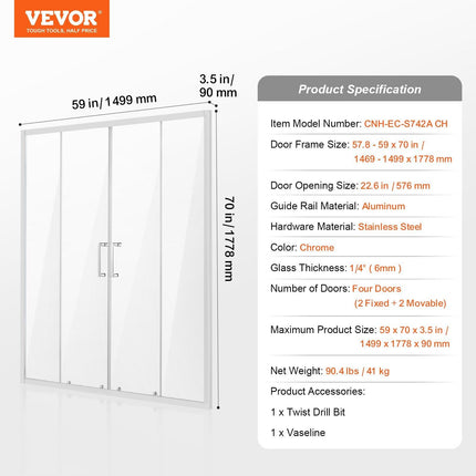 Semi-frameless Double Sliding Shower Door SGCC Tempered Glass 1/4" Chrome.