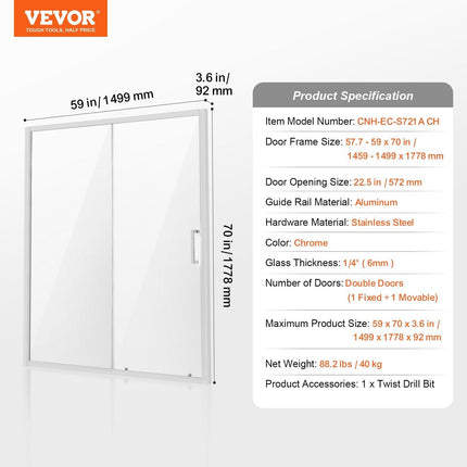 Semi-frameless Shower Door 57.7-59" x 70" SGCC Tempered Glass 1/4" Chrome.