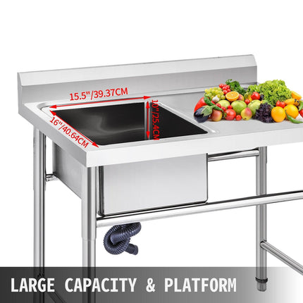 Handmade Sink Non-magnetic Stainless Steel Kitchen Sink Hand Made 1 Compartment 40.6 x 39.4 x 25.4 cm Capacity Huge Tub Sink with Right Hand Platform for Farmhouse Cafe Shop Hospital.