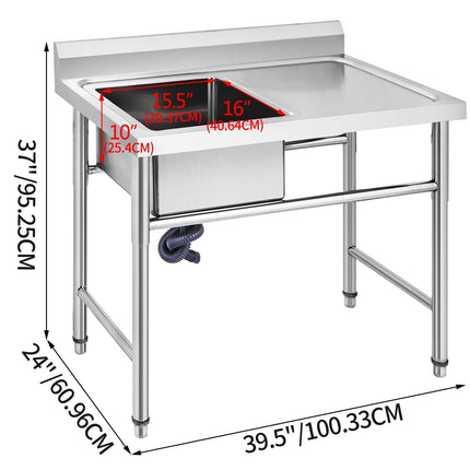 Handmade Sink Non-magnetic Stainless Steel Kitchen Sink Hand Made 1 Compartment 40.6 x 39.4 x 25.4 cm Capacity Huge Tub Sink with Right Hand Platform for Farmhouse Cafe Shop Hospital.