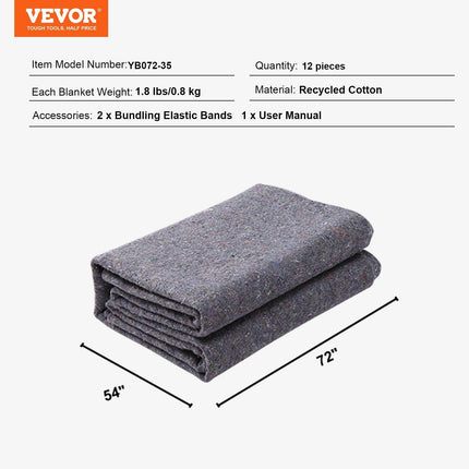 Moving Blankets, 1829 x 1372 mm, 12 kg/dz Weight, 12 Pack, Professional Recycled Cotton Packing Blanket, Large Heavy Duty Shipping Mover Pads Perfect for Protecting Furniture, Floors, Appliances.